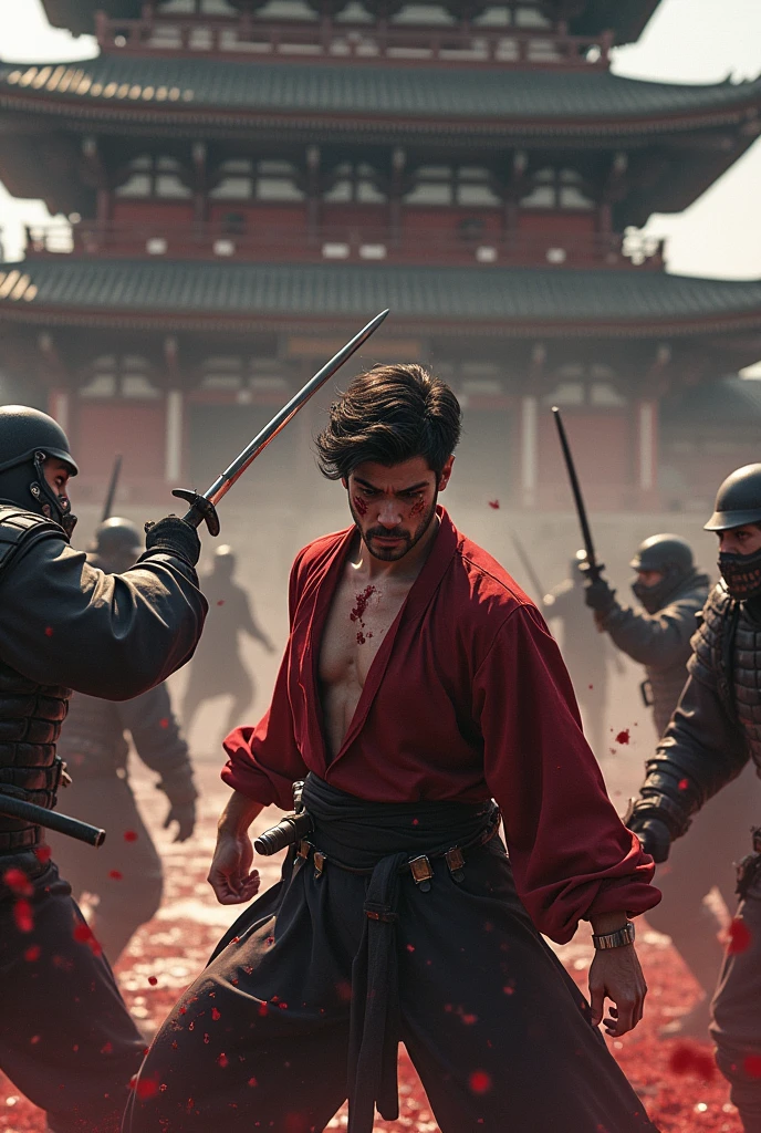 A brunette man with stylish hair style,blood his body and face, fight with 4-5 enemy front of samurai temple