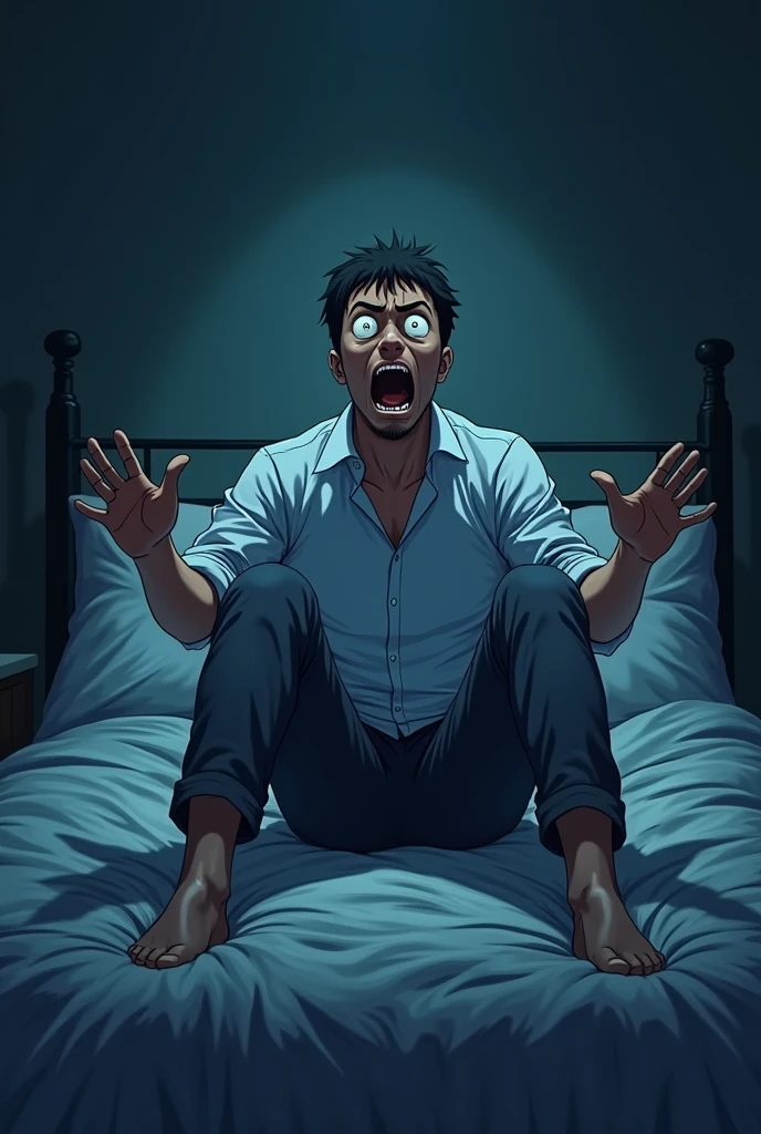 Man sitting on bed scared of htmare anime drawing hd