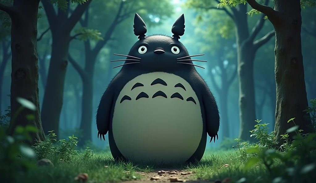 (Highest Resolution, clear_image) Highest quality), My Neighbor Totoro character, masterpiece, Attention to detail,Realistic, Majestic and powerful, Themed in the style of 80&#39;s dark fantasy movies, Magic, In the woods ((With X-ray mirror))