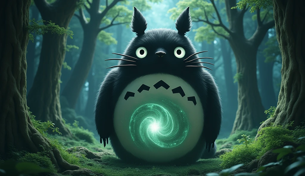 (Highest Resolution, clear_image) Highest quality), My Neighbor Totoro character, masterpiece, Attention to detail,Realistic, Majestic and powerful, Themed in the style of 80&#39;s dark fantasy movies, Magic, In the woods ((With X-ray mirror))