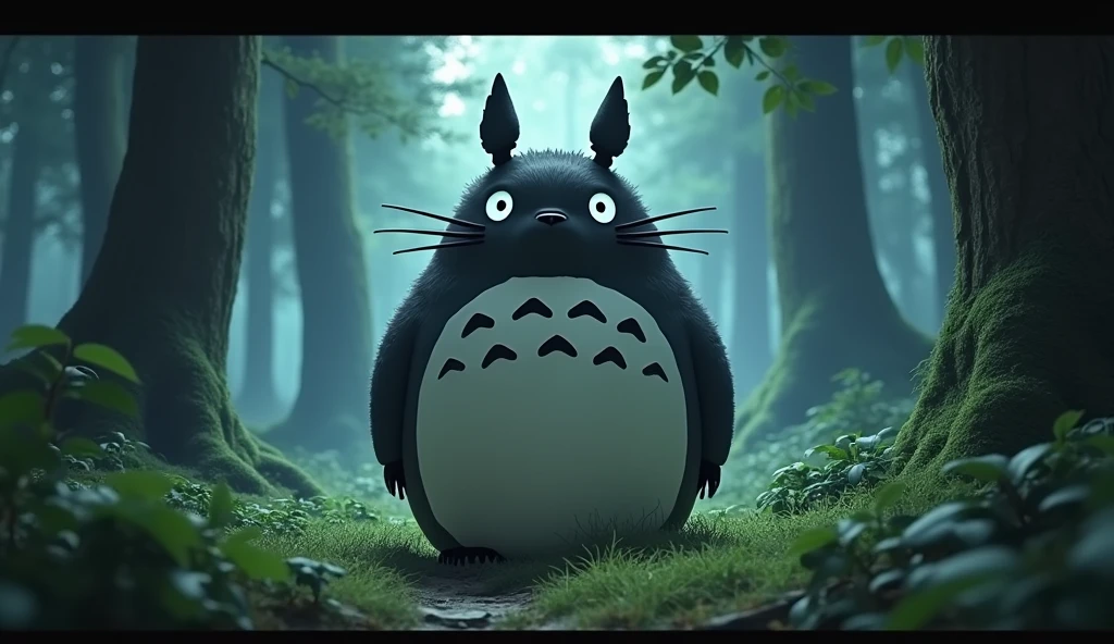 (Highest Resolution, clear_image) Highest quality), My Neighbor Totoro character, masterpiece, Attention to detail,Realistic, Majestic and powerful, Themed in the style of 80's dark fantasy movies, Magic, In the woods ((With X-ray mirror))