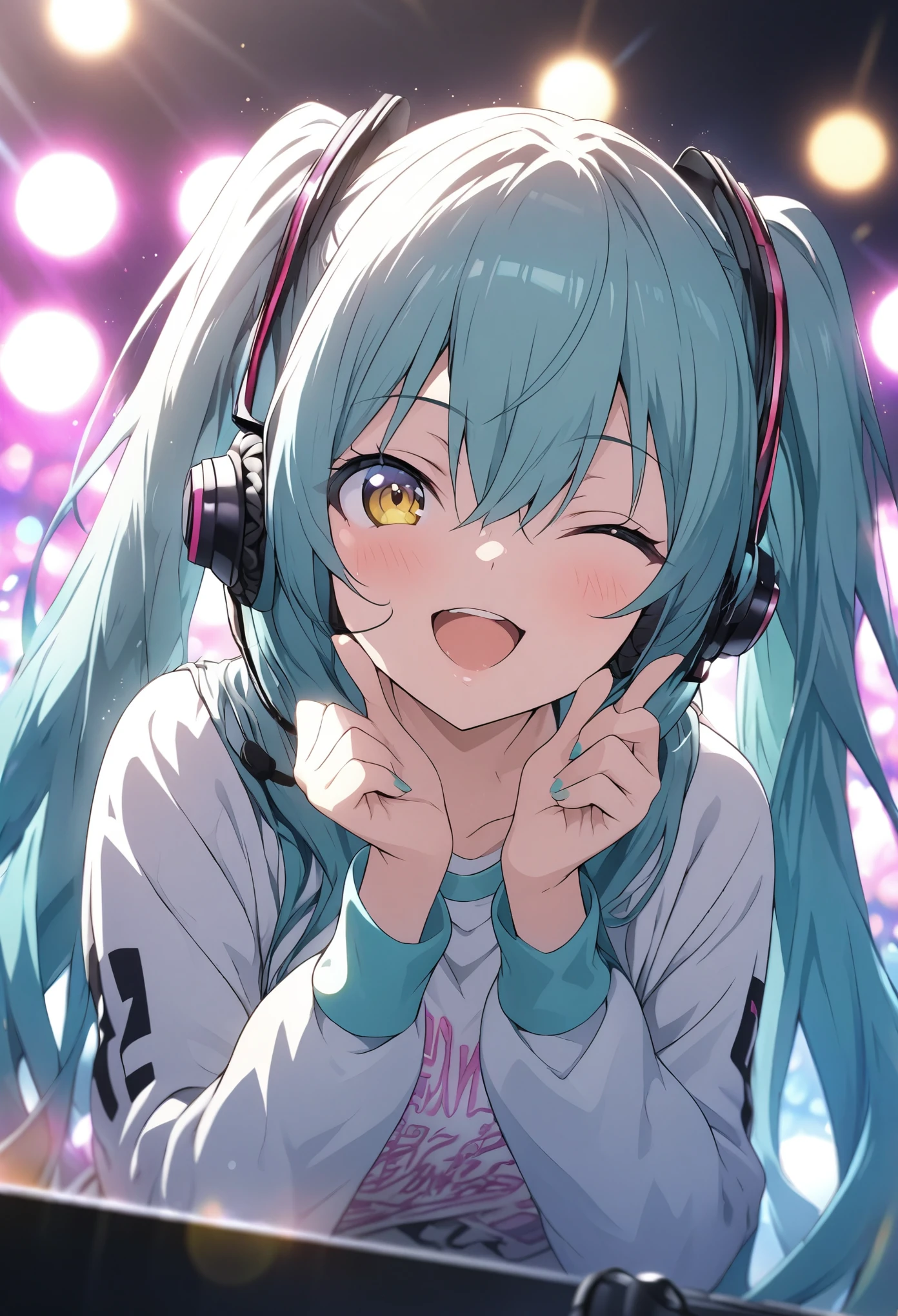 Hatsune Miku、masterpiece, Highest quality, Highly detailed CG Unity 8K wallpapers, High School Girl Anime Illustration. headphone microphone、Finger gun pose、she has her eyes closed and mouth open, smile. The background is a live stage with neon lights shining, white hair color, Yellow Eyes, The depth of deep writing、bokeh photography, (soft focus):1.2, out-of-focus highlights, dreamy ambiance, glowing circles, mesmerizing depth、Deep depth of field