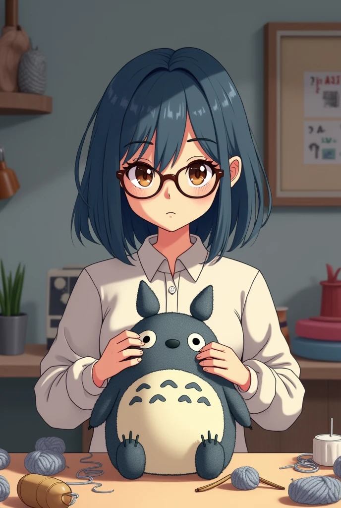 young woman with medium blue hair and brown eyes wearing glasses making a gray totoro crochet amigurumi cartoon drawing
