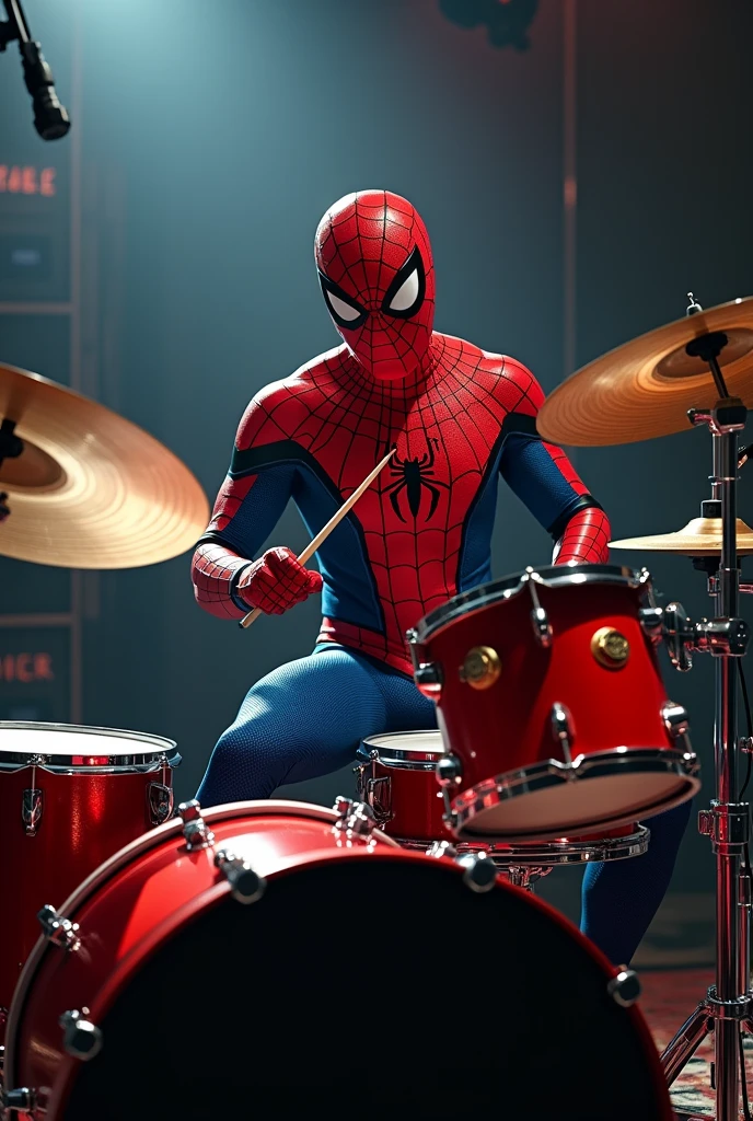Spiderman playing drums