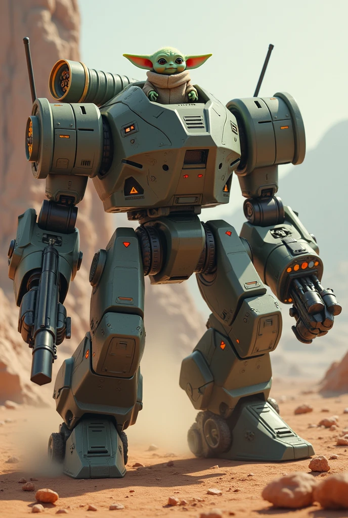 ((best quality)), ((masterpiece)), ((realistic)), 1baby Yoda, steering a giant mecha, cute yoda ,large,eyes, high-resolution, the mecha is equipped with a blue energy saber in the right hand and an assault rifle in the right hand, the mecha has a rocket launcher battery on the shoulder,