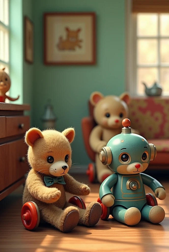 Old toys sitting in different locations with 1950s background