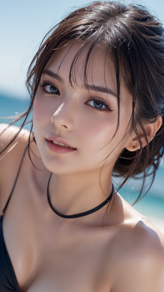a beautiful young girl, 1girl, extremely detailed eyes and face, beautiful detailed eyes, beautiful detailed lips, longeyelashes, realistic skin, wet and messy hair, realistic fabric, deep dark eyes, graceful face, looking directly at viewer, movie-like cinematic style, detailed hair strands, perfect makeup, light and shadow effects, clair obscur, clear blue sky background, ponytail, realistic lighting, (best quality,4K,8k,highres,masterpiece:1.2),ultra-detailed,(realistic,photorealistic,photo-realistic:1.37),vivid colors,HDR,uhd,studio lighting,ultra-fine painting,sharp focus,physically-based rendering,extreme detail description,professional,smiling,full body,large breasts,short hair,blushing,slightly open mouth,blurred background,close-up,look up,wide-angle shot,black bikini