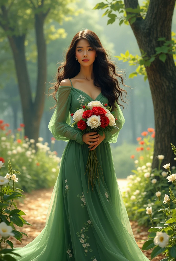 A beautiful Indonesian woman with long hair and bangs wearing a green dress with a small floral pattern wearing green shoes is walking in the park while holding white and red roses. 