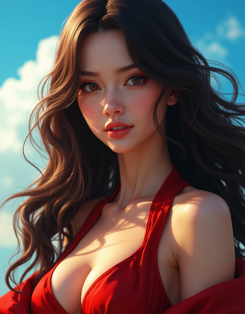 beautiful woman doing Robin cosplay(one piece) detailded, costume,real human,High contrast, (8K wallpapers: 1.3), realistic, octane rendering, realistic, (realistic face: 1.2), sharp focus, (masterpiece), (best quality), (mirror lighting: 1.5), light on the face, (goddess, flowing brown long hair: 1.3), noble and gorgeous, 1 goddess,lighting effects, shining light, blue sky,