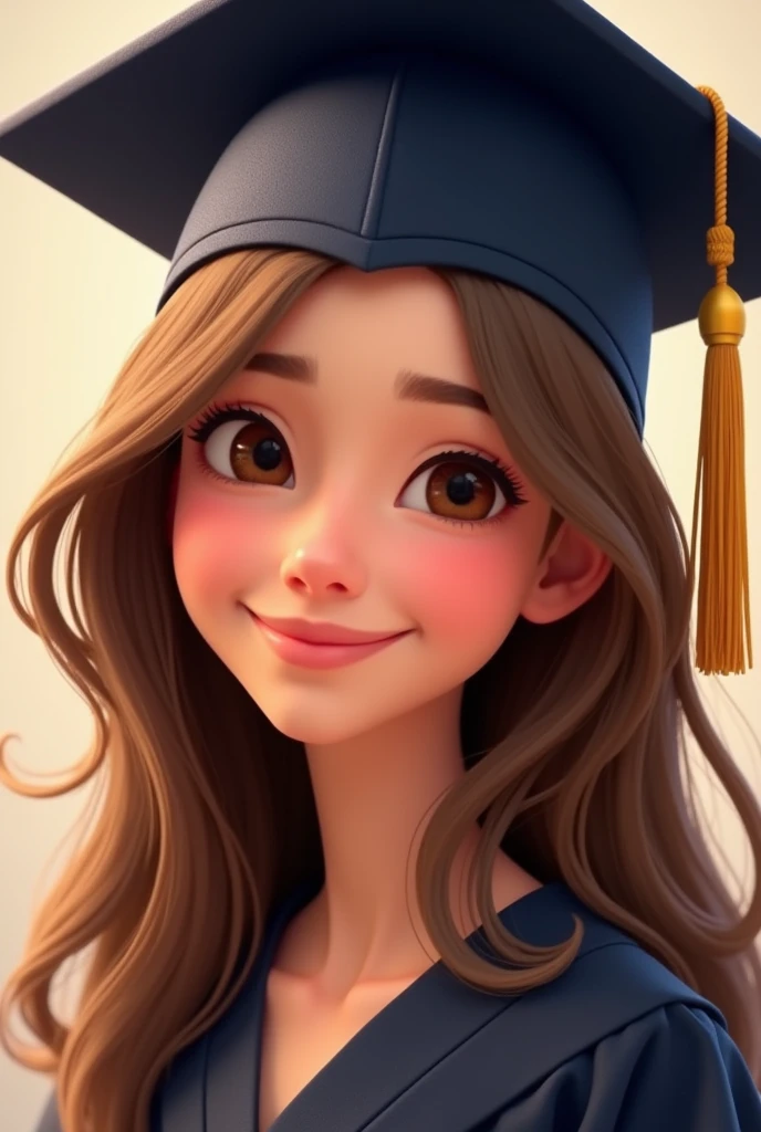 GENERATES A FEMALE PIXAR GRADUATE WITH LIGHT BROWN HAIR THAT LOOKS CLOSER WITH HER HAIR DOWN AND DARK BLUE DEGREE CAP.
