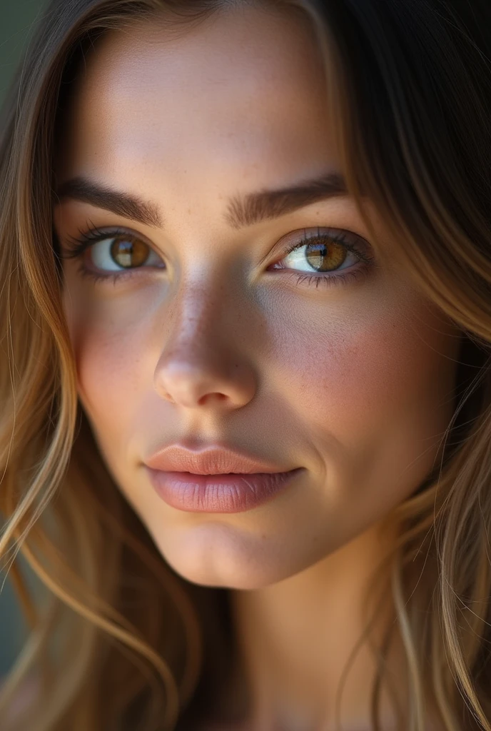 plan sur le visage d'une Belle fille européenne aux yeux marrons et aux bruns et reflets blonds, ultra Haute résolution, (photoréaliste: 1.4), Haute résolution , (finely détaillé skin), (yeux marrons), (Des proportions parfaites) (Photos réalistes) (chef-d'œuvre) (photoréaliste), ultraréaliste (meilleure qualité) (détaillé) Photographié avec un Canon EOS R5, objectif 50 mm, F/2.8, (8k) (fond d'écran) (Éclairage cinématographique) (éclairage dramatique) (complexe) mode