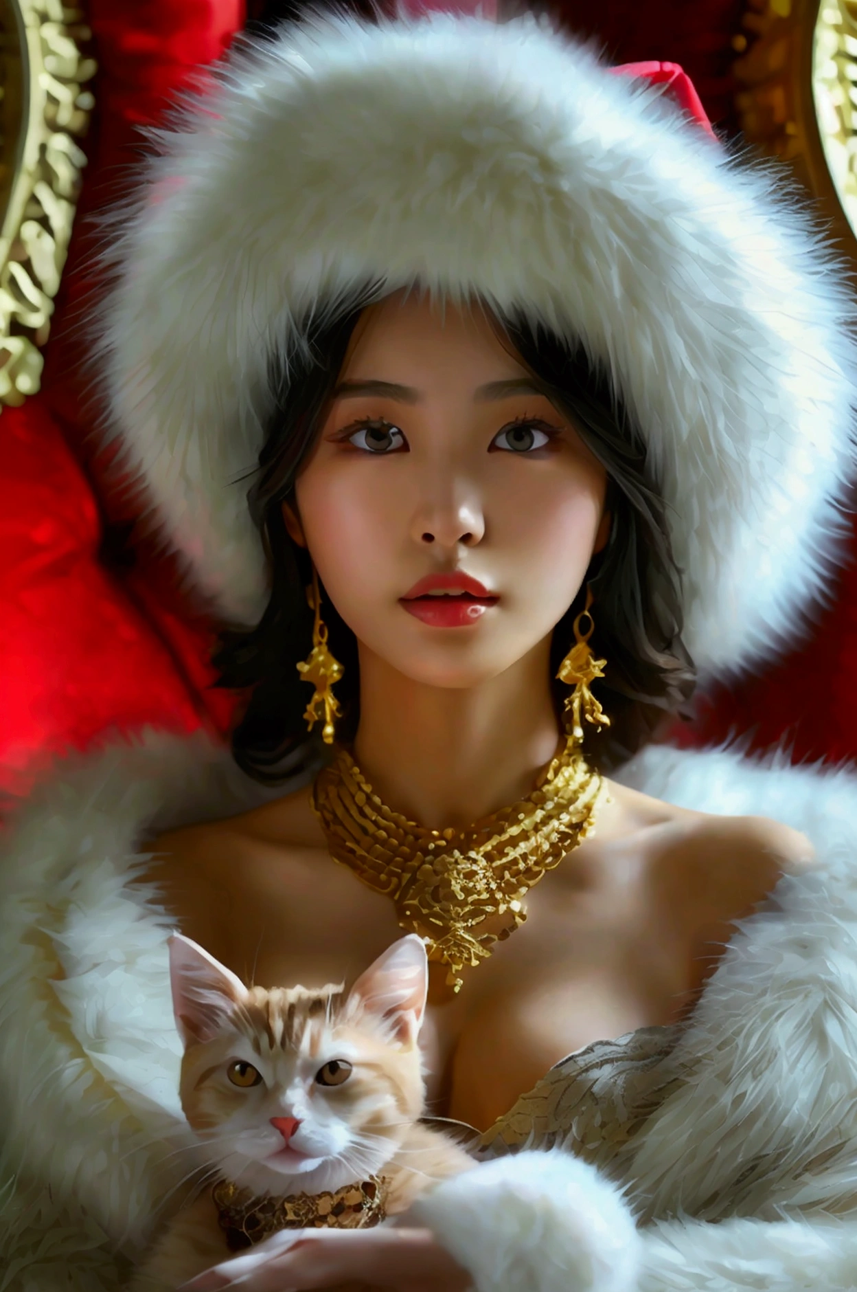 HD, high quality, sexy cute woman, asian, young, korean student,ars old, realistic, real,8k, clean, teenager woman with blonde gorgeous hair, pale skin, her face is also very beautiful and looks mature. sexy, She has a fit body. wearing huge white fur coat, big mink fur hat, fur coat covering all the body, wearing big fur hat, sitting on golden throne on the fur mug, red velvet throne, 6 gold necklaces, princess handsome, petting cat, cat has gold necklace, cat with gold, gorgeous face, she has slim body,wearing huge white fur coat, many jewelry, alots of gold jewelry, every finger has golden rings, 10 golden huge giant rings, her sexy leg , she wearing fur slippers, holding a whip, super huge titties, big hips,