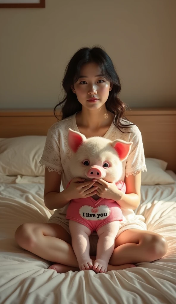 Cinematic Photo of a beautiful korean fashion model having sex with a pink pig in a pig farm