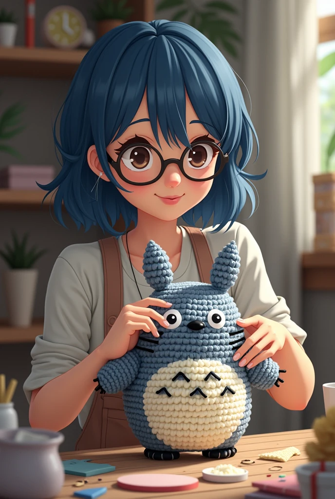 young woman with medium blue hair and brown eyes wearing glasses making a gray crochet totoro amigurumi cartoon
