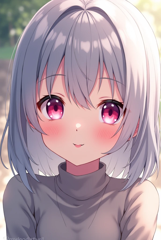 High resolution, Highest quality, Grey Hair, Silver Hair, Medium Hair, Hair that falls over the shoulders, Close your mouth, Pink eyes, smiling, Bright Eyes, Tsundere, Nikon, Background blur, anime, anime風,