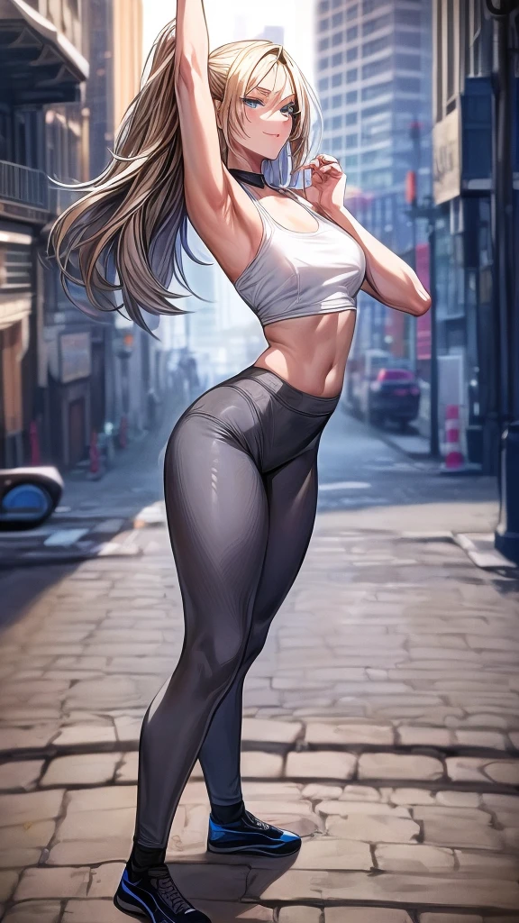 Posture, (Tight yoga pants, Dark grey yoga pants:1.4),Long blond hair, side fringe, Heart-Shaped Face, Elegant face, Pretty Face, The face is rich in detail, Extremely delicate skin, Skin pores, Subsurface scattering, (Detailed blue eyes), A loving smile, Looking at the audience, Rinse thoroughly, Full lips, Put your hands behind you，City Streets, Sunlight, wind, Detailed background, Depth of Field, Atmospheric perspective, Volumetric 光ing, concentrate, ridiculous, Practical proportions, Good anatomy, (Practical, hyperPractical:1.4), 16K High Dynamic Range,Small chest，Small Breasts。