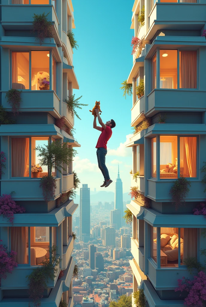 Create an image with a composition of the multiple apartment windows and in one of the windows have a person is holding a cat above his head.