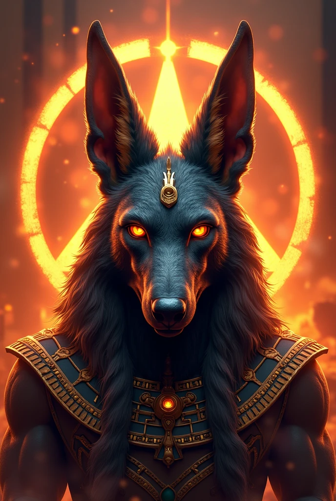 ((best qualityer)), ((work of art)), (detailded), epic gamer style image , 1 anubis on fire , estilo dragao. Anubis must have a bust image, because it will be used for the brand logo, Anubia's vision has to be frontal. There must be the Egyptian symbol of Anubis in the background.