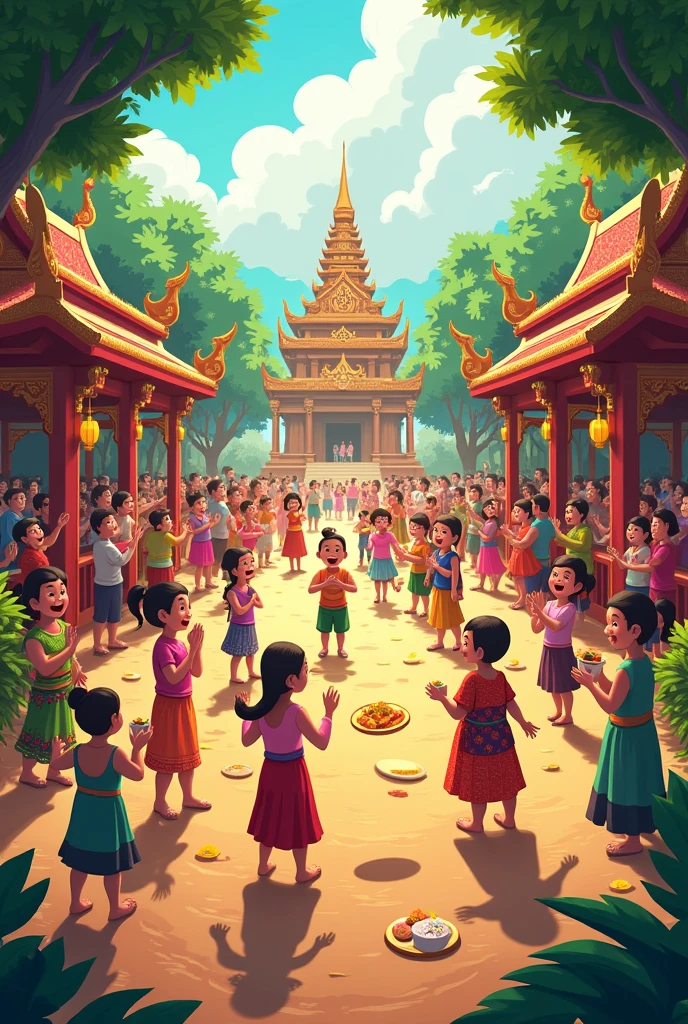 Songkran cartoons with children and adults splashing water and building sand pagodas

