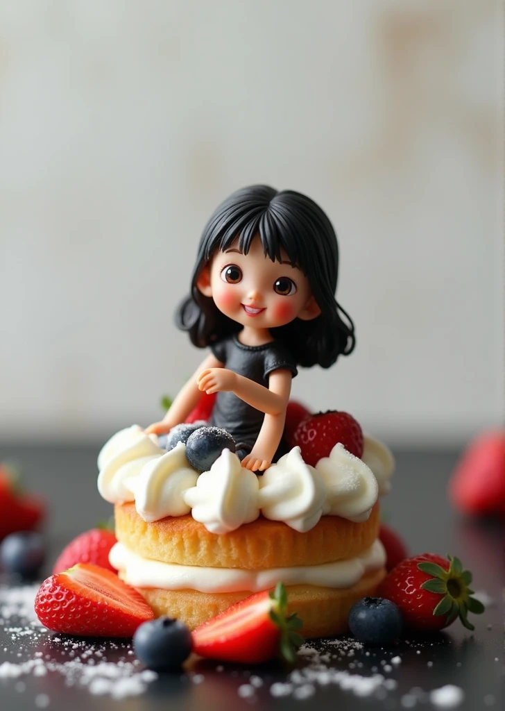 Girl sitting on shortcake cream、A cute, realistic 10cm tall girl、Garnished with strawberries and blueberries、My ass is covered in cream、Your smile is cute、The cake is on the plate、Macro shot from above、The girl is in focus、Black top table、Background white