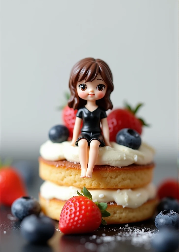 Girl sitting on shortcake cream、A cute, realistic 10cm tall girl、Garnished with strawberries and blueberries、My ass is covered in cream、Your smile is cute、The cake is on the plate、Macro shot from above、The girl is in focus、Black top table、Background white
