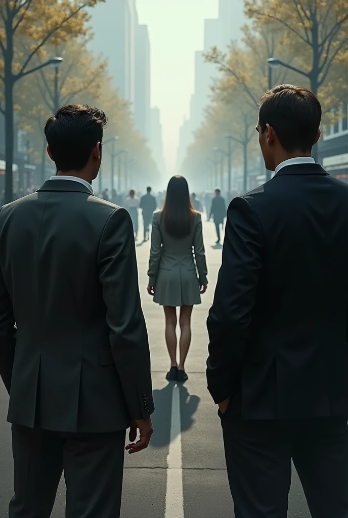 Two men from the back watching the girl go
