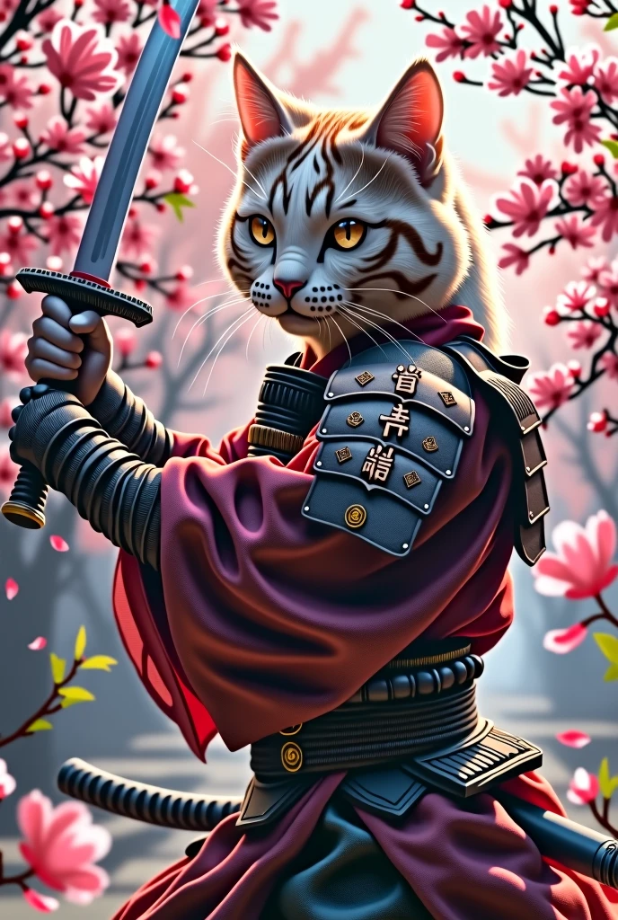 Cat samurai with sakura sword