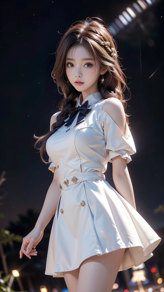 ulzzang-6500-v1.1, (RAW photo: 1.2), (Real photo), (Real photo: 1.4), 1 girl、Perfect anatomy、1、Looking at the camera、Medium length hair、side braids, uniform short white dress, in a surreal royal garden, under the starry night sky, ((starry night: 1.1))、(Business service)、Asian eyes Ella,