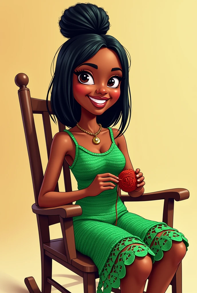 Mascot drawing for Instagram of a 4 black Brazilian woman with straight, shoulder-length hair tied up, wearing a green crochet dress that goes up to the knee and sitting in the rocking chair crocheting and outgoing personality.