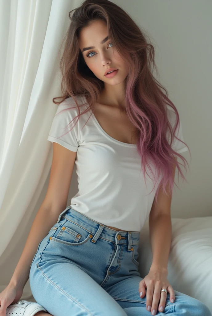 beautiful woman, long brown hair with some pink highlights, bleu eyes, dressed in jeans and white t-shirrt, white adidas dress shoes,