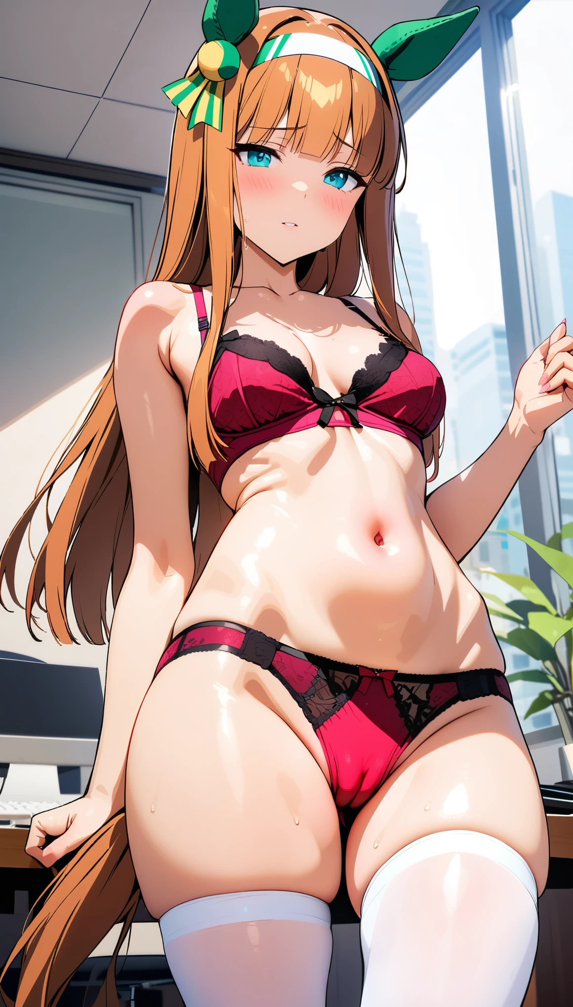 [[One person, Silence Suzuka \(umamusume\), umamusume]], Beautiful attention to detail, Close one eye, ((indoor, office, living room),  Curvy, thin, Flat Chest, Small breasts, (Thigh-high socks), (Cleavage), (belly button), ((panties), (bra), (In underwear), (Flashy underwear), (lingerie))), (Close-up shot), Slender body,Dynamic Angle, Highest quality, Very detailed, masterpiece, Ultra-high resolution, 8k, Nipples, ((Horse tail)), Camel Toe,Small Ass, Slender body