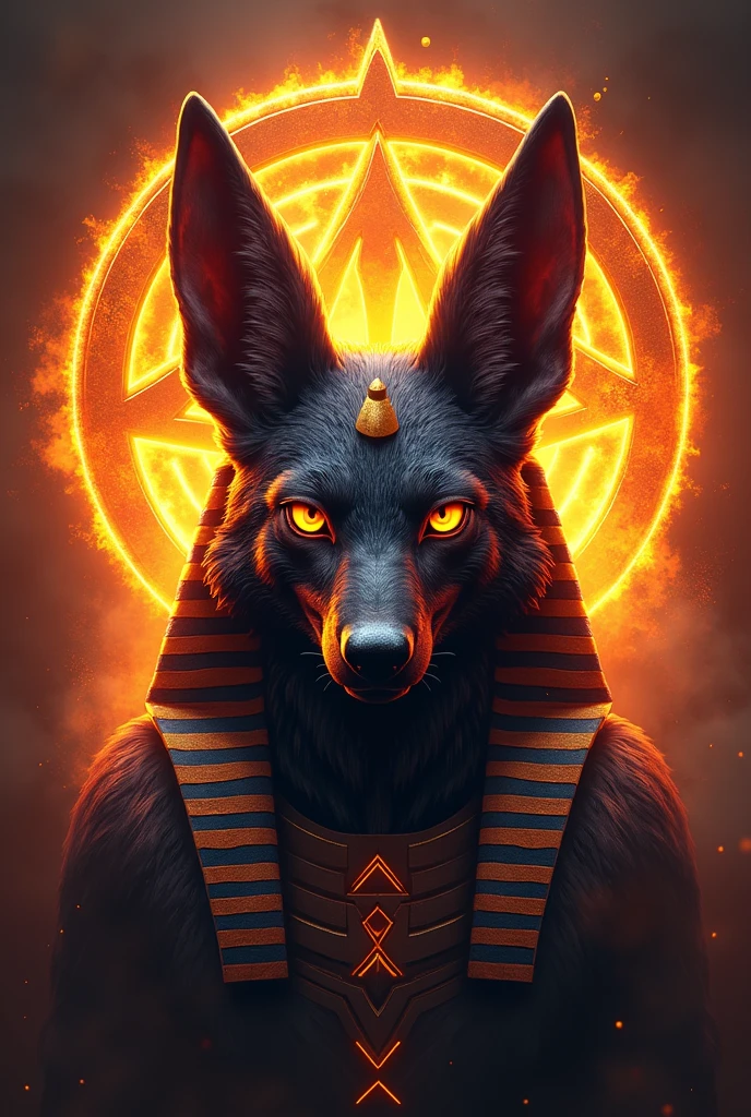 ((best qualityer)), ((work of art)), (detailded), epic gamer style image , 1 anubis on fire , estilo dragao. Anubis must have a bust image,  because it will be used for the brand logo, Anubia&#39;s vision has to be frontal. There must be the Egyptian symbol of Anubis in the background. 