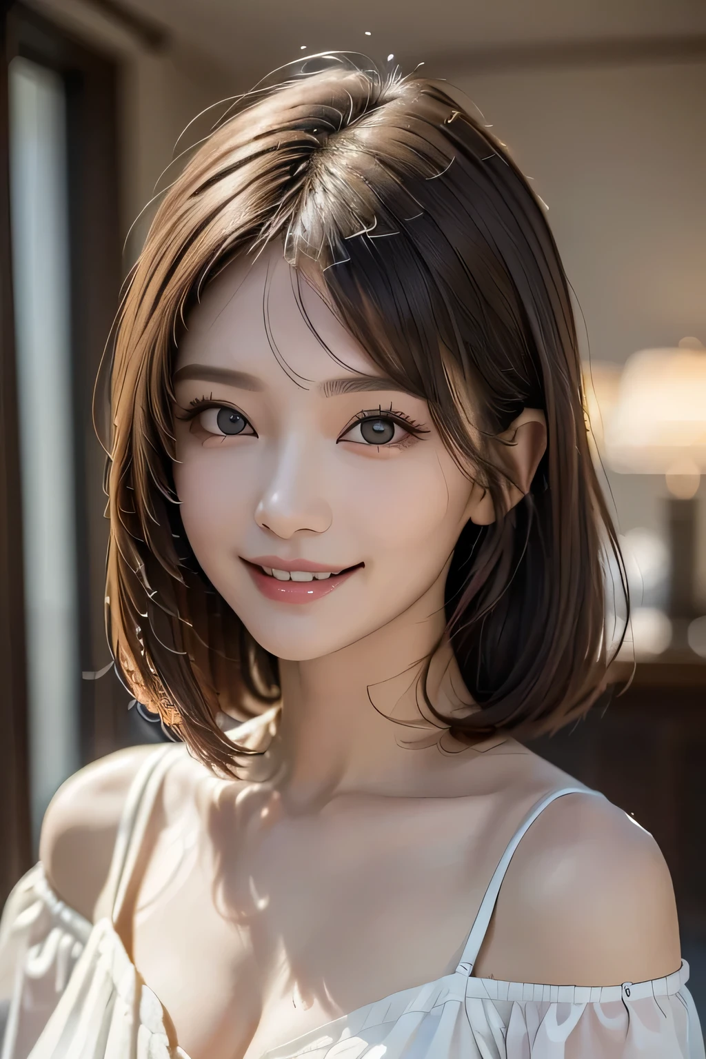 ((Realistic Light, Highest quality, 8k, masterpiece: 1.3)), 1 girl, A beautiful and fruitful year, Brunette Bob, (Big Breasts), Random color off-shoulder cut top: 1.3, Highly detailed face, Beautiful Eyes, double eyelid, smile, Cleavage, Saggy breasts, (My Room), morning