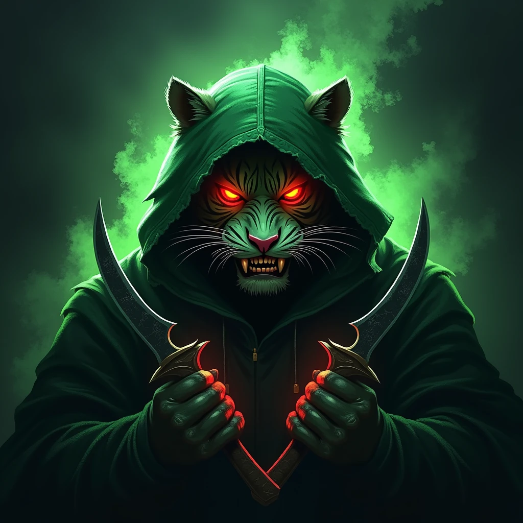 a heavily detailed dark fantasy ((esports logo:)1.37), a menacing “TIGER-KING” with glowing red eyes and a sinister grin, shrouded in a tattered dark green hooded cloak made of mystical flowing energy, ghostly ethereal with vibrant green-dark highlights, two curved sharp ((“BAIONETA-MILITARY” knive from CS:GO)) partially visible beneath the cloak, powerful aggressive competitive spirit, deep greens blacks vibrant gold white highlights, strong mysterious fierce identity, more detail, enhanced.