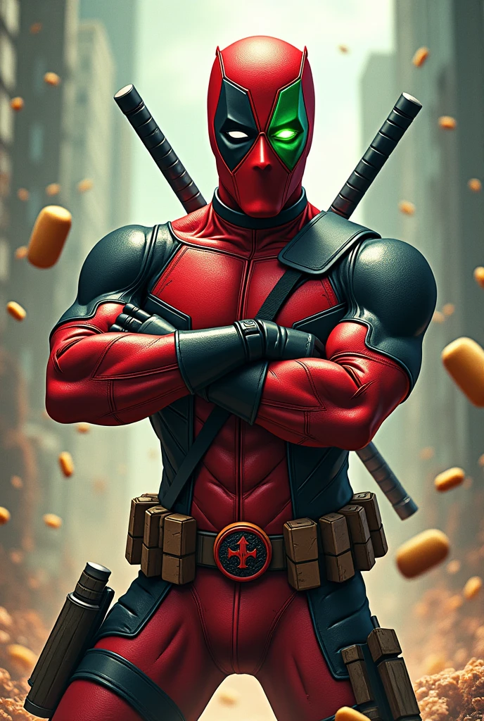 Create a character named 'Maskpool,' a fusion of The Mask and Deadpool. The character has a green mask with Deadpool's black and red color scheme, blending chaotic energy with playful mischief. He wears a suit similar to Deadpool's, but with graphics that change shape according to his imagination. He wields two katanas, which transform into whimsical objects like oversized baguettes or balloons. The background should be dynamic and chaotic, reflecting the character's unpredictable nature, with Maskpool showcasing a mischievous grin as he prepares for action.