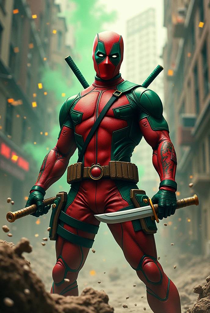 Create a character named 'Maskpool,' a fusion of The Mask and Deadpool. The character has a green mask with Deadpool's black and red color scheme, blending chaotic energy with playful mischief. He wears a suit similar to Deadpool's, but with graphics that change shape according to his imagination. He wields two katanas, which transform into whimsical objects like oversized baguettes or balloons. The background should be dynamic and chaotic, reflecting the character's unpredictable nature, with Maskpool showcasing a mischievous grin as he prepares for action.