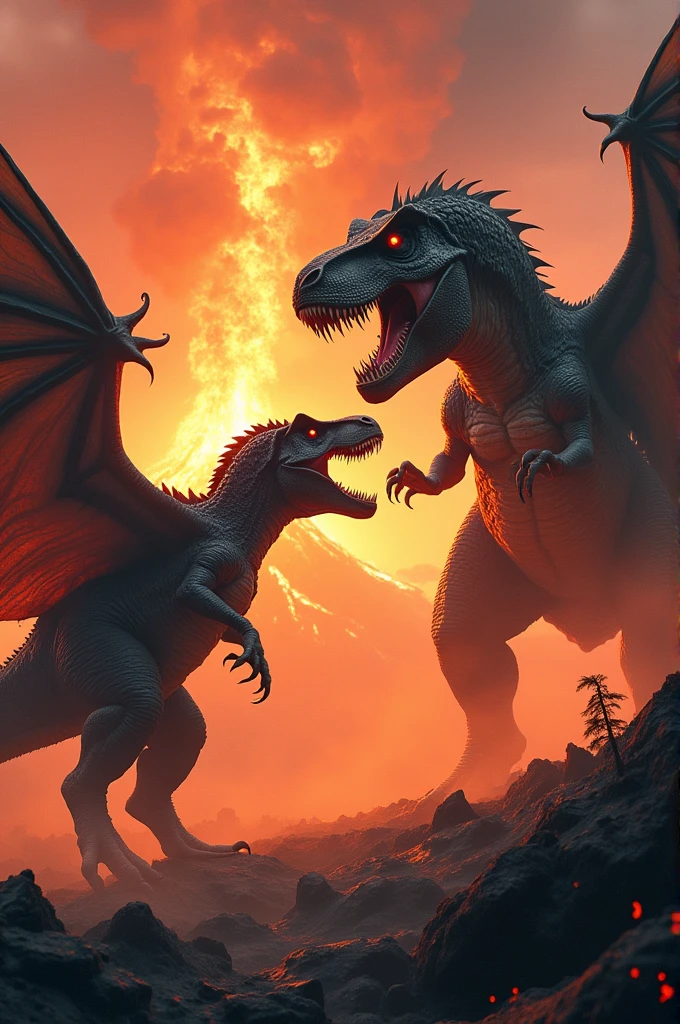 Dragon fight with T. rex background volcano firing