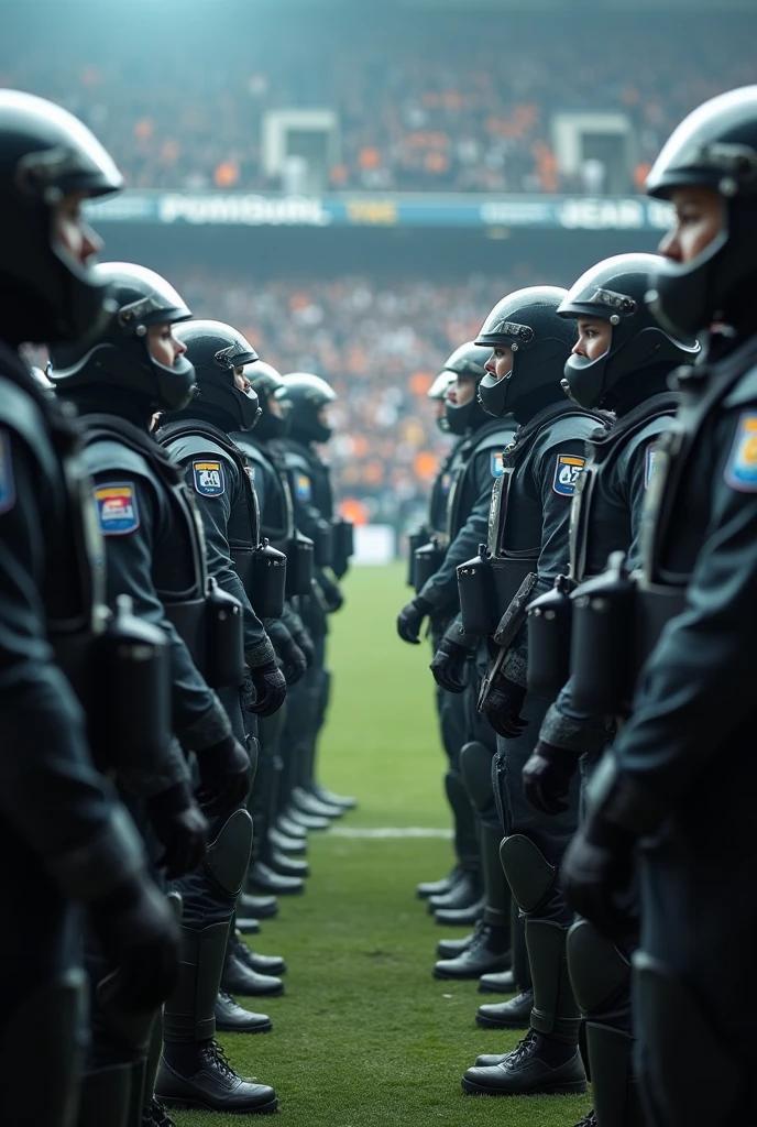 women anti riot officers with full gear and riot masks are standing in a line in the part of the football stadium with violent fans