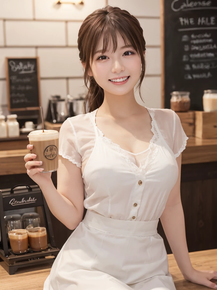 1 girl、(RAW Photos、Highest quality)、(Real、フォトReal:1.4)、Tabletop、Very delicate and beautiful、Very detailed、2k wallpaper、wonderful、Detailed、Very detailedCG Unity 8k壁紙、Super detailed、1、High resolution、(White waitress outfit)、Long skirt、Elegant skirt、Big Breasts、Frills、ribbon、Soft Light、Beautiful detailed girl、Cafeのウエイトレス、Medium Hair、ponytail、smile、Happy Face、Cafe、coffee shop、Latte Art