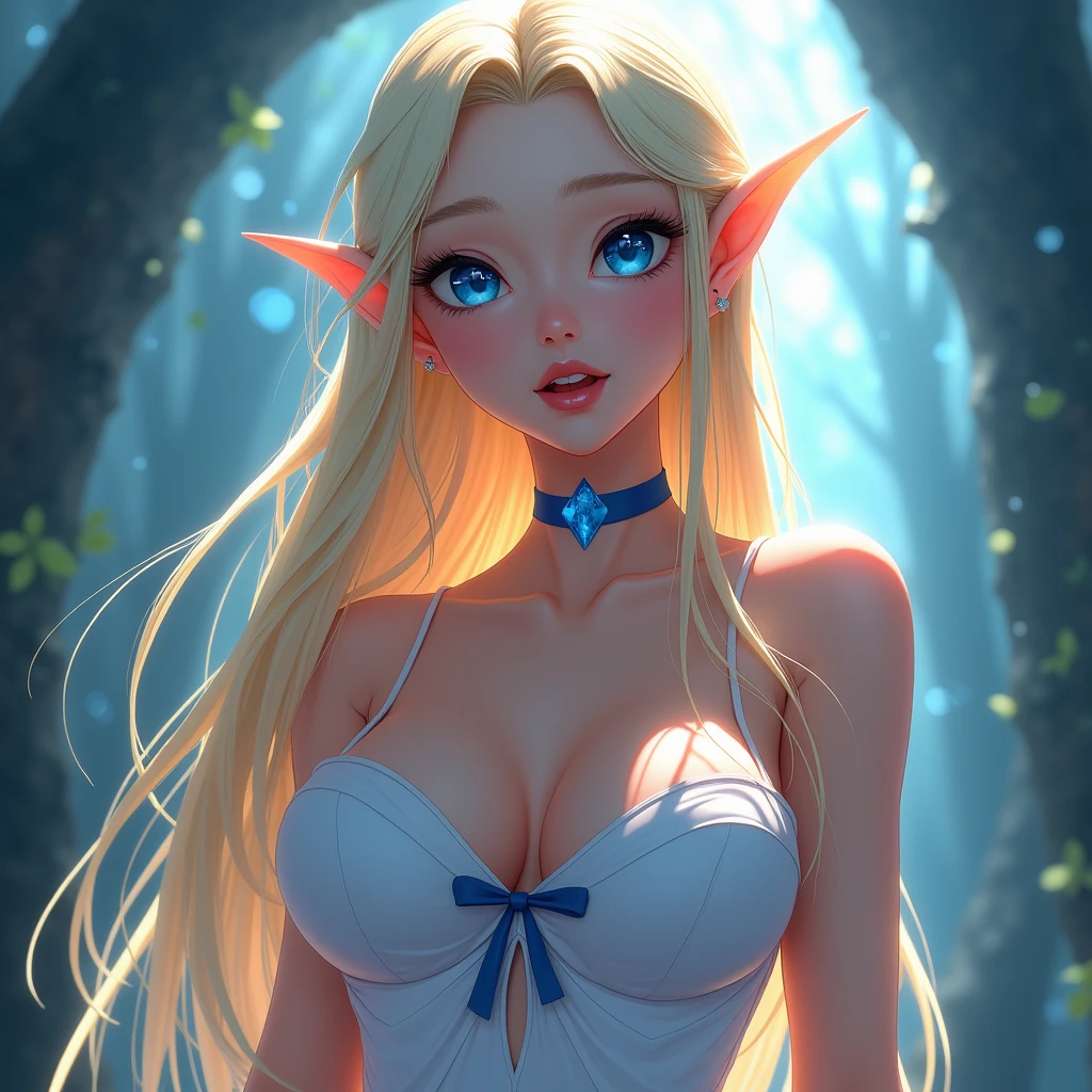beautiful elf with small ears, long, flowing blonde hair that reaches her waist and striking blue eyes,,(Best Quality, 8K, Masterpiece: 1.2), Very Detailed Face, Beautiful Detailed Eyes, Beautiful Detailed Lips, Ultra Detailed Big Breasts, Extremely Profiled Breasts, Extreme Detail Description, Vivid and Intense Colors, Vibrant Colors, Bright Magic Aura, Ethereal Lighting, Arafed Woman in a Dress, Fairy Queen, Fantasy Art Style, Cute Fairy, Beautiful Fantasy Art, Amazing Fantasy Art, Fairy, Cute and Sexy Fairy Queen, HD Fantasy Art,huge breasts.Vivid and intense colors, vibrant colors, extreme description of details,anime illustration,anime drawing,wide cleavage,image of a full-body elf,Vivid and intense colors, vibrant colors, extreme description of details,HUGE BREASTS
