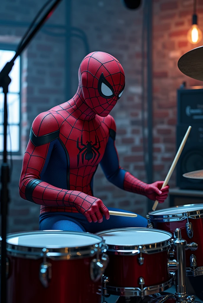 Spiderman playing electric drums