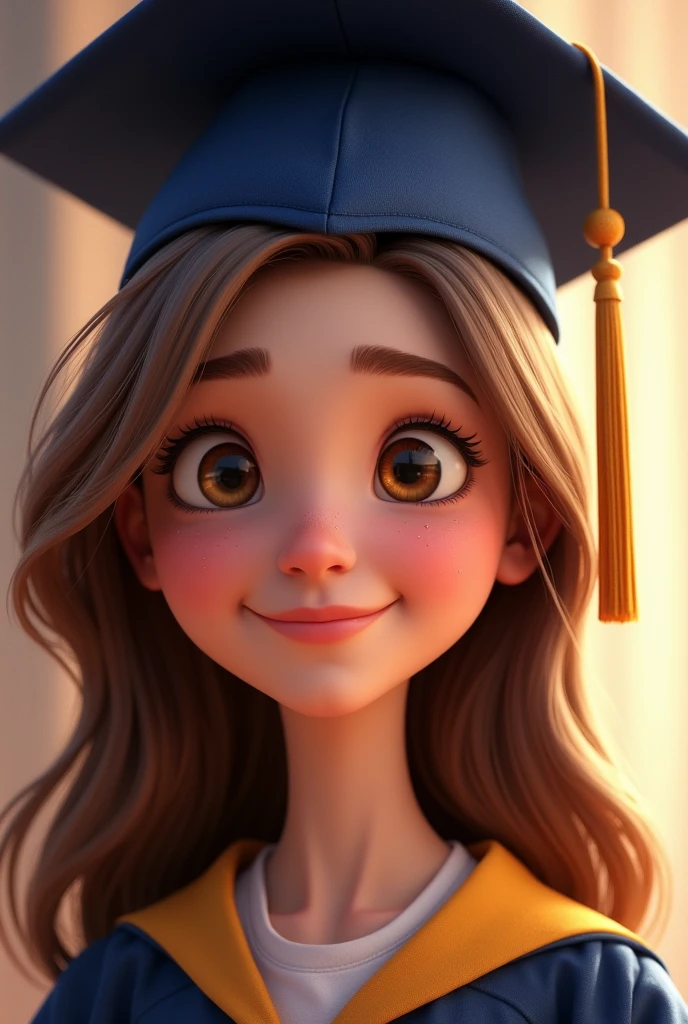 GENERATES A FEMALE PIXAR GRADUATE WITH LIGHT BROWN HAIR THAT LOOKS CLOSER WITH HER HAIR DOWN AND DARK BLUE DEGREE CAP.