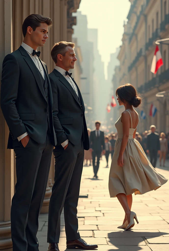 Two men in formal clothes watching the girl go Less formal