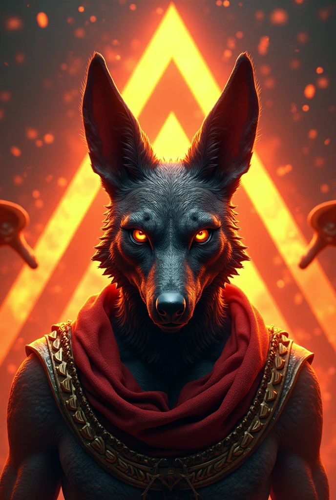 Anubis, A powerful body covered with a dark cloth, High detail of the jackal's muzzle, long ears, Glowing Red Eyes, dim lights