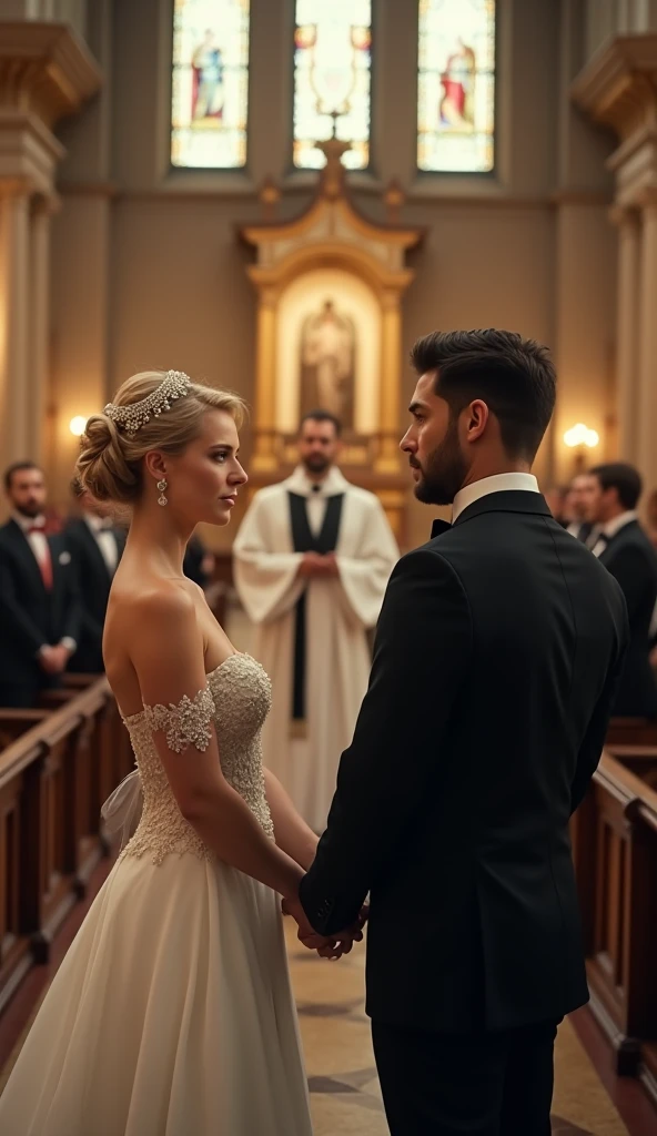 Cover for romantic novel where beautiful bride and groom positioned at the center, in front of Priest in beautiful and elegant church with soft lighting and full off guests. They don't holding hands. Cinematic action scene, highly detailed, wide shot, Low Angle Shot, 4K, highly detailed, epic scene, dynamic scene. The Priest stands between the bride and groom, reciting vows. MALEFICENT DANICA, an elegant bride in her 30s. The woman appears elegant and romantic. Her hair is styled in an updo, with her blonde or light brown hair gathered at the back of her head. A decorative hair accessory, resembling a floral or jeweled headband, adorns her hairstyle. She wearing a luxury wedding, as her shoulders and upper chest are bare. The woman is wearing earrings that appear to be dangling or drop-style, adding to her sophisticated look. Her makeup is noticeable but elegant, with what appears to be darker eye makeup enhancing her eyes. Her facial expression is soft but tense. Her eyes are nearly closed, and her lips are slightly parted, conveying a sense of emotional anticipation. PEYGAN SINCLAIR, a handsome man in his early 30s. The man looks elegant and stylish. He has dark hair, neatly styled. The haircut is short, with longer hair on top brushed back. The man's face features a well-groomed beard and mustache that accentuate his facial features. He is dressed in a classic black suit with a white shirt and bow tie. His facial expression is calm and focused. His eyes are nearly closed. Overall, the man gives the impression of an elegant, well-groomed, and confident person. The lighting in the scene creates a soft outline of their profile, adding drama and depth to the image. The bride and the grom not in love