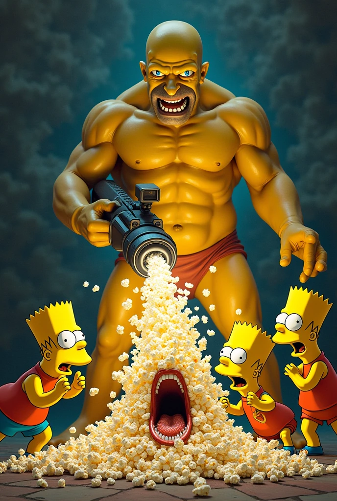 Evil god nude Abraham Simpson with flying popcorns machinegun shot into Mouthe of all familly Simpson