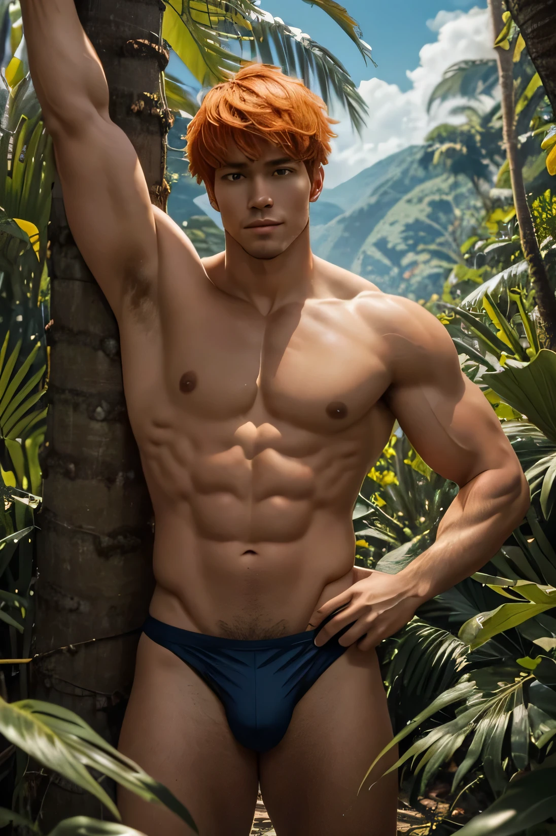 a beautiful 30 year old man, he is a giant, his skin is tropical orange Latin, his hair is the color of fire with a bowl cut, smooth body, he has one arm extended holding the sun, he is naked, we can see a sunny sky, he is giant and is above the Amazon forest.