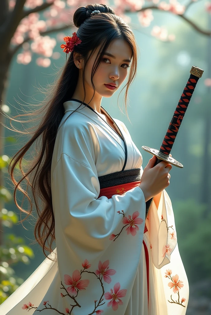 creates a realistic image, a beautiful japan woman with long flowing hair wearing a long-sleeved Japanese kimono dress with detailed images of yaezakura flowers in certain parts of each piece of the dress, the part of the dress looks complicated but very elegant, the dress is white with the top of the neck of the dress black and the cuffs are white with a mix of colors, the dress is very complicated but cool, the dress is captivating with its beauty, so enchanting with real beauty, very realistic, holding a long katana sword with intricate and beautiful details on each blade, holding it with both hands hand and holding it to the side, the background of a peaceful forest in spring in Japan, realistic, cinematic, photographic