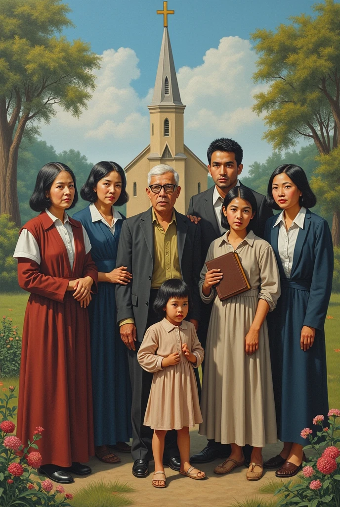 This drawing is a tribute to the Hopevale Martyrs consist of 4 pastor mens,5 women's and a  a child  were mascaraed during the world war 2 in the Philippines , capturing the essence of their bravery and sacrifice through a drawing. The portrait and symbolic representation illustrates  that symbolize bible and Christianity.

In this painting, the use of describe artistic techniques reflects the solemnity and reverence due to their legacy. The central figure cathedral in the glen is depicted with a sense of dignity/a focus on their expression/other specific detail], embodying the spirit of their [actions/legacy].
Emphasize the 4 men pastors , 5 mature womens
 and a .
This drawing is presented as a reflection on [their courage/their impact/the historical context] and stands as a testament to the enduring legacy they have left behind.