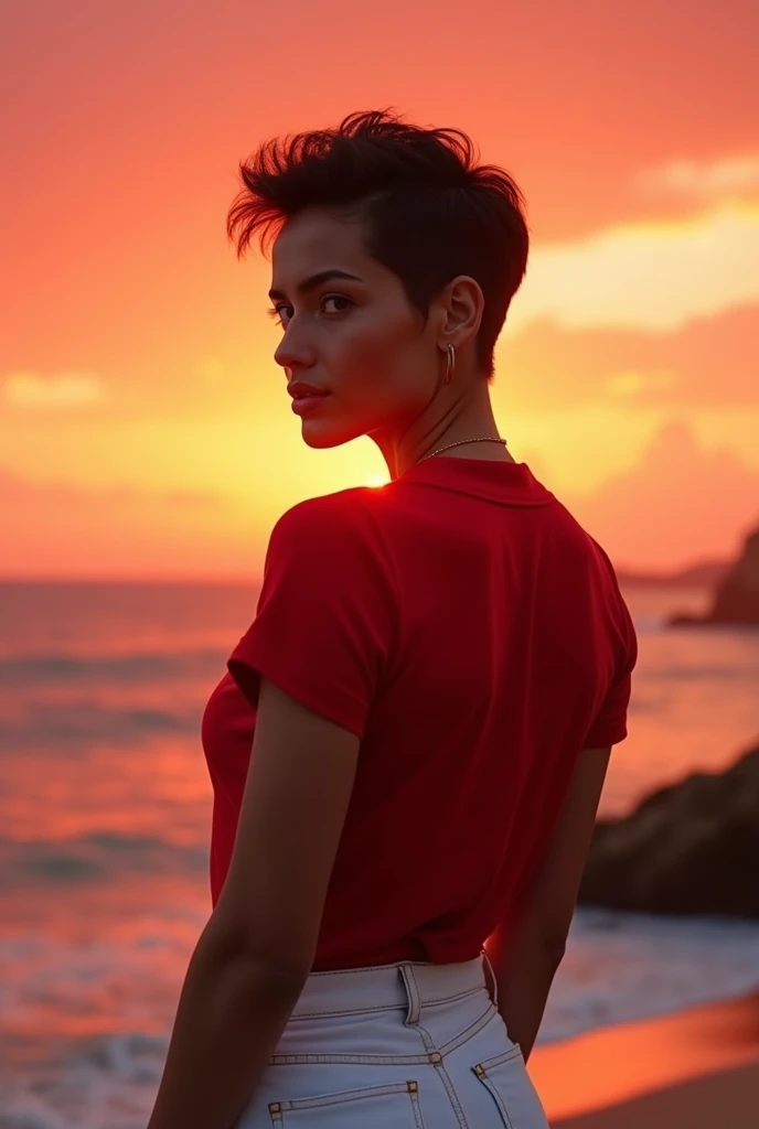 Realistic , beautiful female, 40years, pixie brown hair, brown colored eyes, clear face and tan skin, strong and perfect body, wearing red shirt and white pants, backward the sunrise on the Algarve beach, red sky in the bright morning, red atmosphere